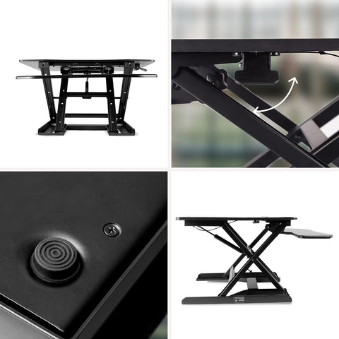 Duronic Sit-Stand Desk with dual tiers, scissor-lift frame, and rubberized non-slip feet.
