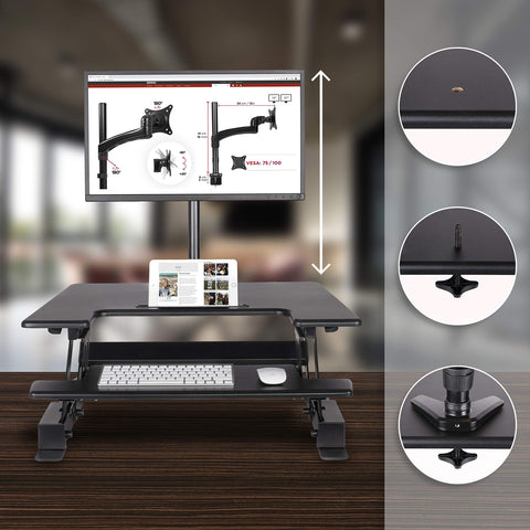 Duronic Sit-Stand Desk with dual tiers, tablet holder, and an adjustable monitor mount.