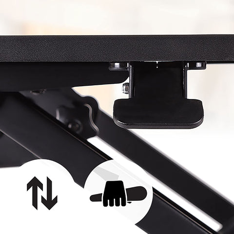 Duronic Sit-Stand Desk with graphic icons showing hand grip and vertical movement.