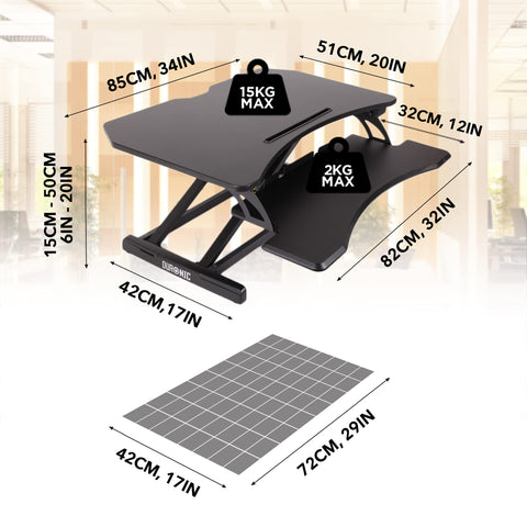 Duronic Sit-Stand Desk with keyboard tray showing dimensions, load capacities, and mat.