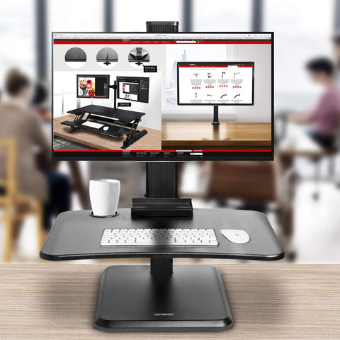 Duronic Sit-Stand Desk with keyboard tray, white cup holder, and single monitor mount setup.