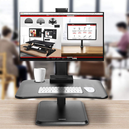 Duronic Sit-Stand Desk with keyboard tray, white cup holder, and single monitor mount setup.