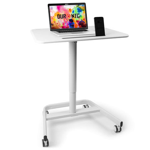 Duronic Sit-Stand Desk with laptop, phone holder slot, and four caster wheels.