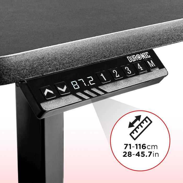 Duronic Sit Stand Desk Frame control panel displaying a digital height readout and memory preset buttons.