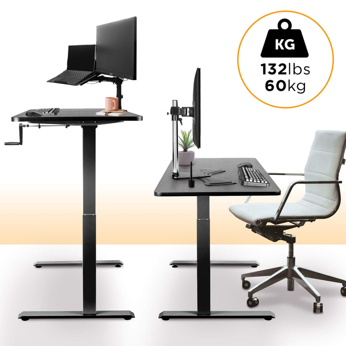 Duronic Sit Stand Desk Frame in sitting and standing configurations, with a 60kg weight capacity.