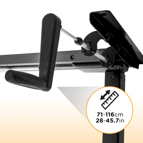 Duronic Sit Stand Desk Frame showing an adjustable height range of 71 to 116 cm.