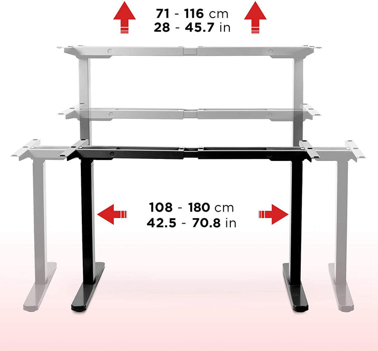 Duronic Sit Stand Desk Frame showing custom height and width extension ranges in centimeters and inches.