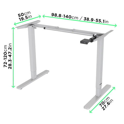 Duronic Sit Stand Desk Frame showing customizable height, width, and base depth options.