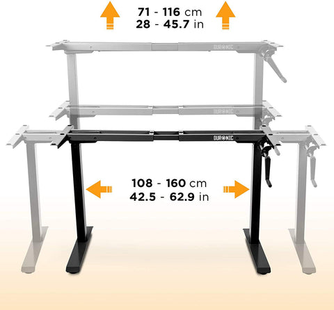 Duronic Sit Stand Desk Frame showing height and width expansion ranges in centimeters and inches.