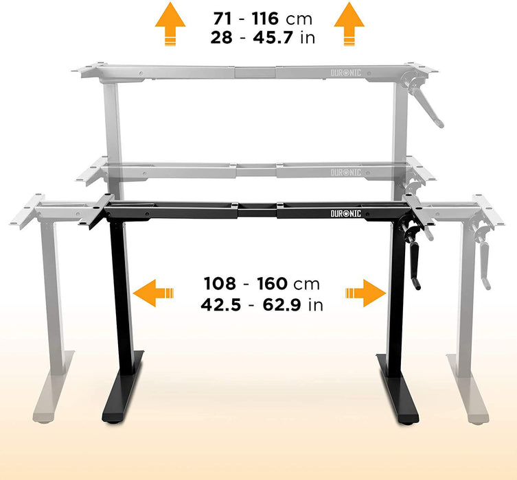 Duronic Sit Stand Desk Frame showing height and width expansion ranges in centimeters and inches.