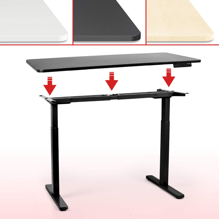 Duronic Sit Stand Desk Frame showing installation of a dark tabletop with color options above.