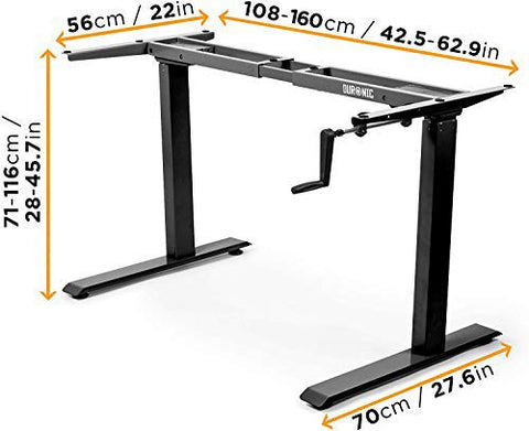 Duronic Sit Stand Desk Frame showing key dimensions in centimeters and inches for Shopify.