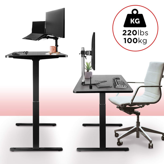 Duronic Sit Stand Desk Frame shown in both sitting and standing positions with a 220-pound weight capacity.