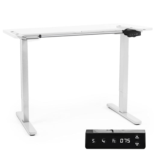 Duronic Sit Stand Desk Frame with a digital control keypad showing numbers and height adjustments.
