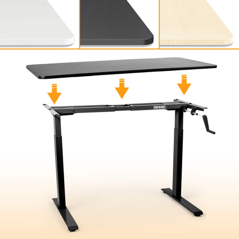 Duronic Sit Stand Desk Frame with a floating black desktop and three color finish options.