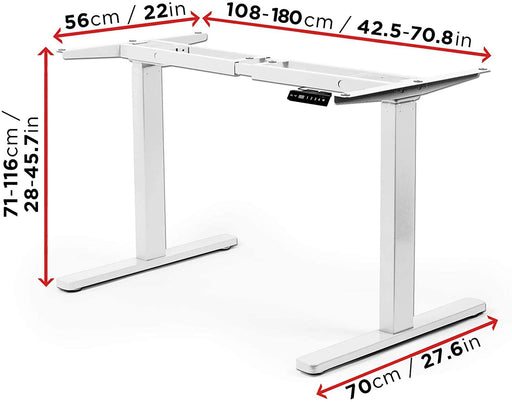 Duronic Sit Stand Desk Frame with dimensions for height, width, and depth shown in inches.