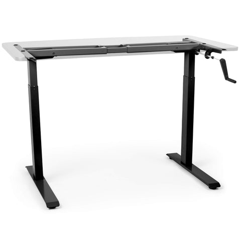 Duronic Sit Stand Desk Frame with hand crank and light wood tabletop.
