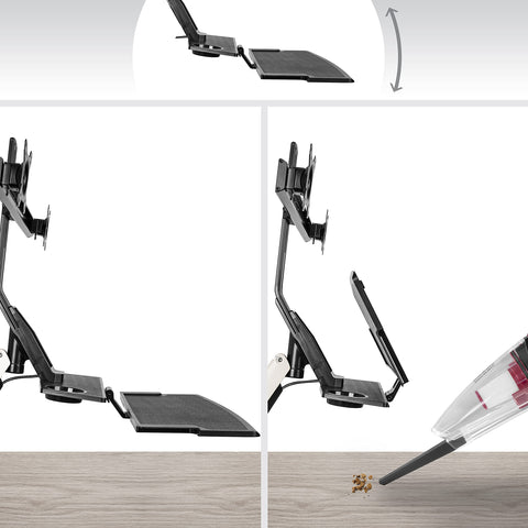 Duronic Sit Stand Desk Mount flips up to clear desk space for easy cleaning with a vacuum.
