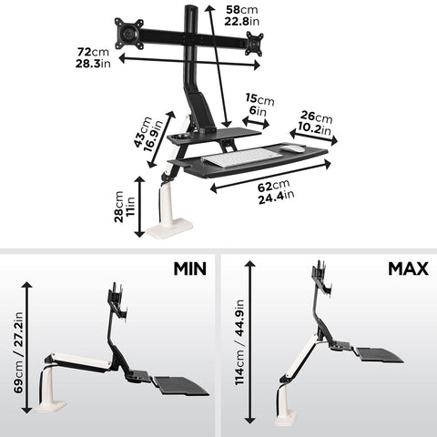 Duronic Sit Stand Desk Mount showing minimum and maximum adjustment height dimensions.
