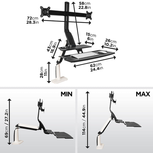 Duronic Sit Stand Desk Mount showing minimum and maximum adjustment height dimensions.