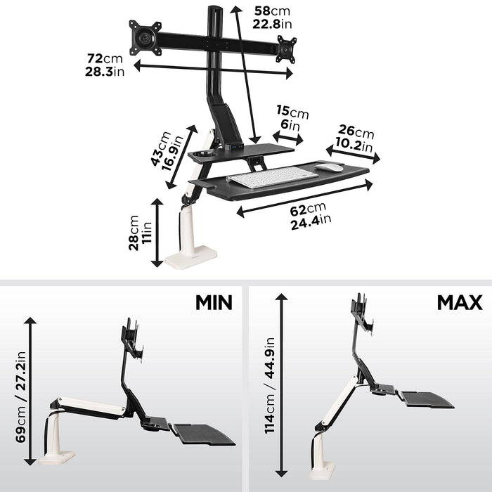 Duronic Sit Stand Desk Mount showing minimum and maximum adjustment height dimensions.