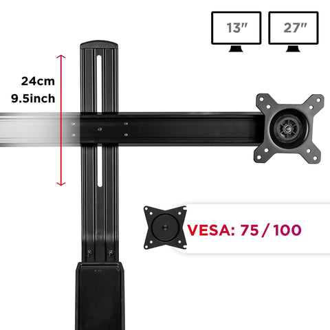 Duronic Sit Stand Desk Mount with adjustable height bar, VESA 75/100 brackets, and screen size indicators.