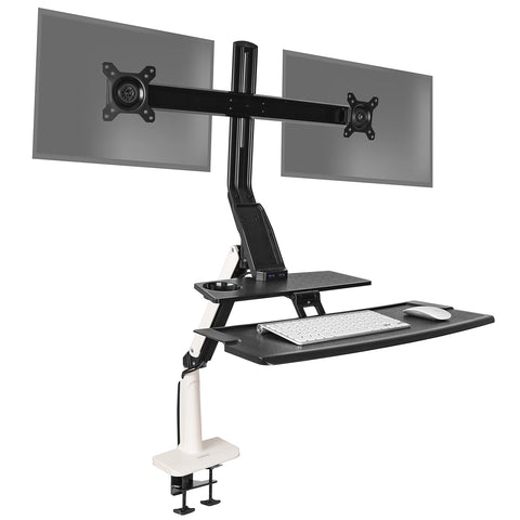 Duronic Sit Stand Desk Mount with keyboard tray and desk clamp on white background.