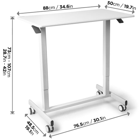Duronic Sit Stand Desk Top with dimensions in centimeters and inches for height and width.
