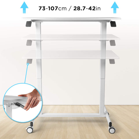 Duronic Sit Stand Desk Top with hand lever, ranging from 28.7 to 42 inches tall.