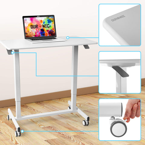 Duronic Sit Stand Desk Top with lockable wheels, lever adjustment, and rounded tabletop corners.