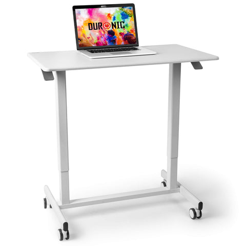 Duronic Sit Stand Desk Top with wheels and a laptop on the tabletop.
