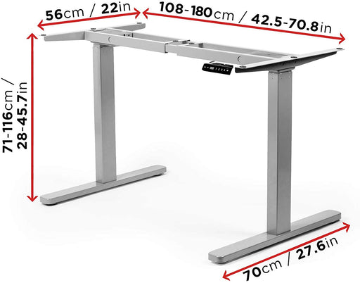 Duronic Sit Stand Up Desk Top Frame with dimensions showing height, width, and depth in centimeters and inches.