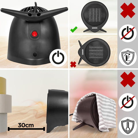 Duronic Small Ceramic Fan Heater showing safety features: tip-over protection, overheat sensor, and clearance requirements.