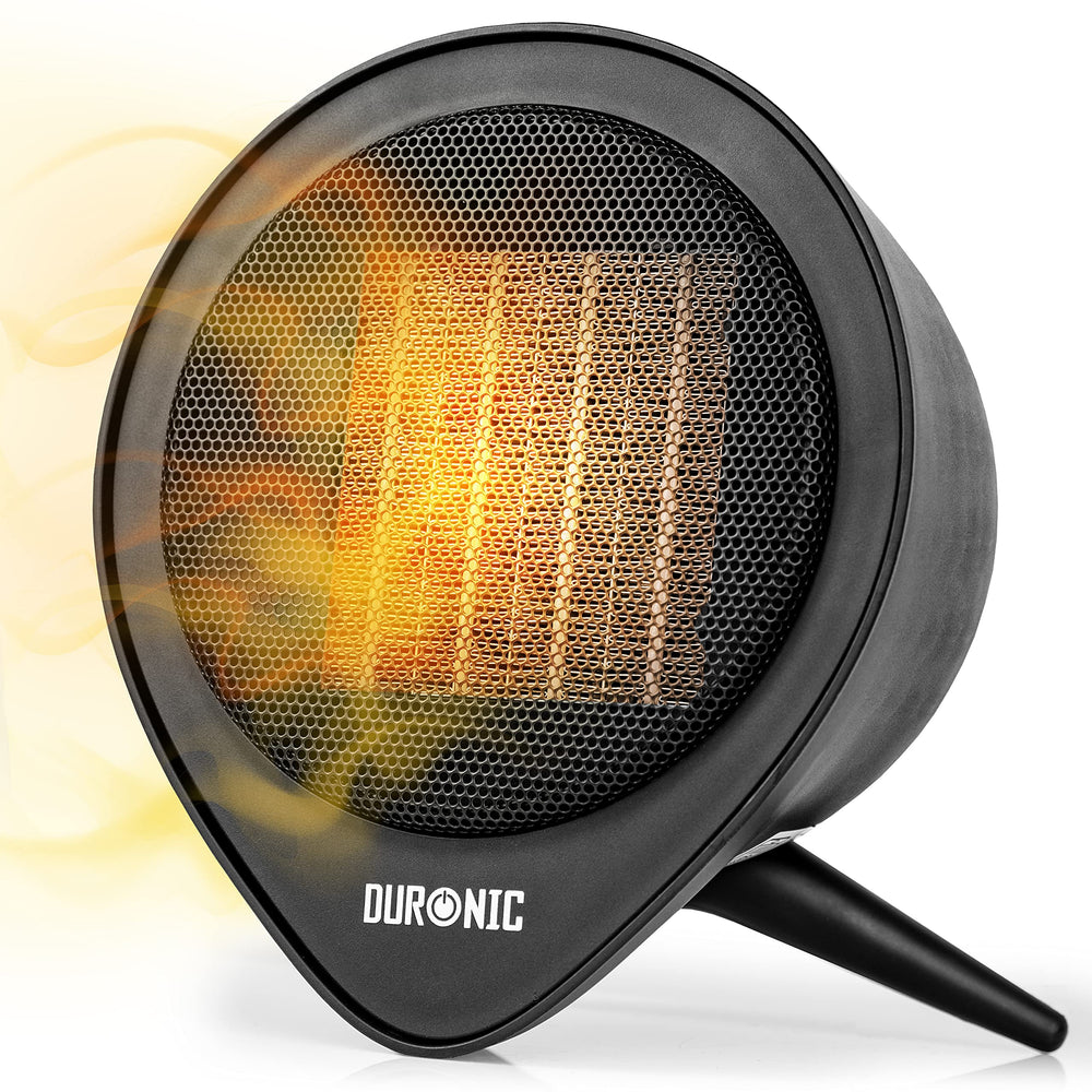 Duronic Small Ceramic Fan Heater  with glowing orange heating element and stable tripod stand.