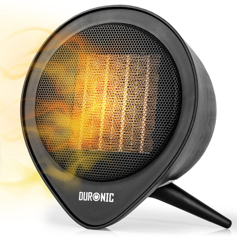 Duronic Small Ceramic Fan Heater  with glowing orange heating element and stable tripod stand.