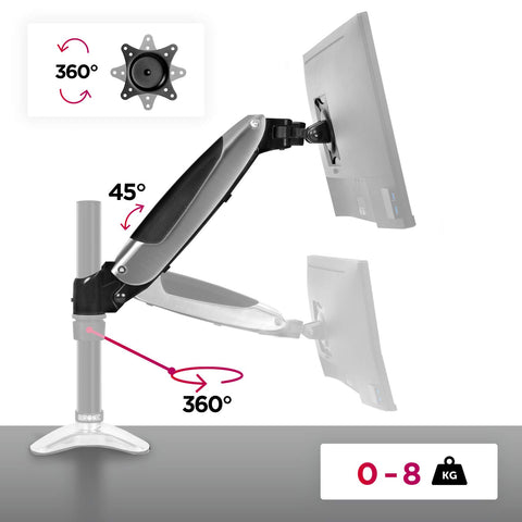 Duronic Spare Arm Set with Infographic of an adjustable gas-spring monitor arm highlighting a 360° rotation, a 45° tilt, and a weight capacity of 0–8 kg.