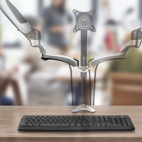 Duronic Spare Arm for Monitor Arm Stand with adjustable gas spring arms clamped behind a black keyboard.
