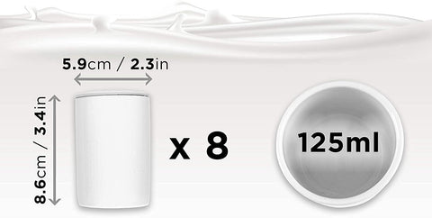 Duronic Spare Small Yoghurt Pots with 125ml capacity, 8.6cm height, and 5.9cm diameter.