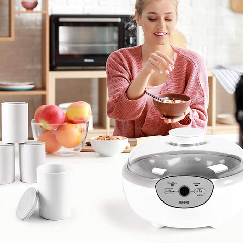 Duronic Spare Small Yoghurt Pots with white Duronic yogurt maker on a kitchen counter