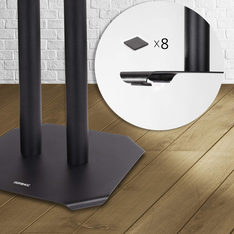 Duronic  Speaker Stand with an inset showing eight rubber pads.