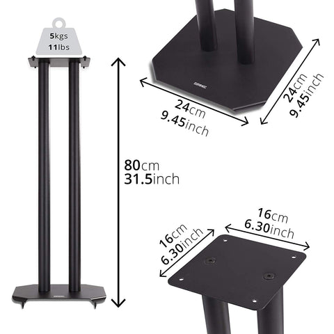 Duronic  Speaker Stand with dimensions, 5kg weight capacity, and square top plate.