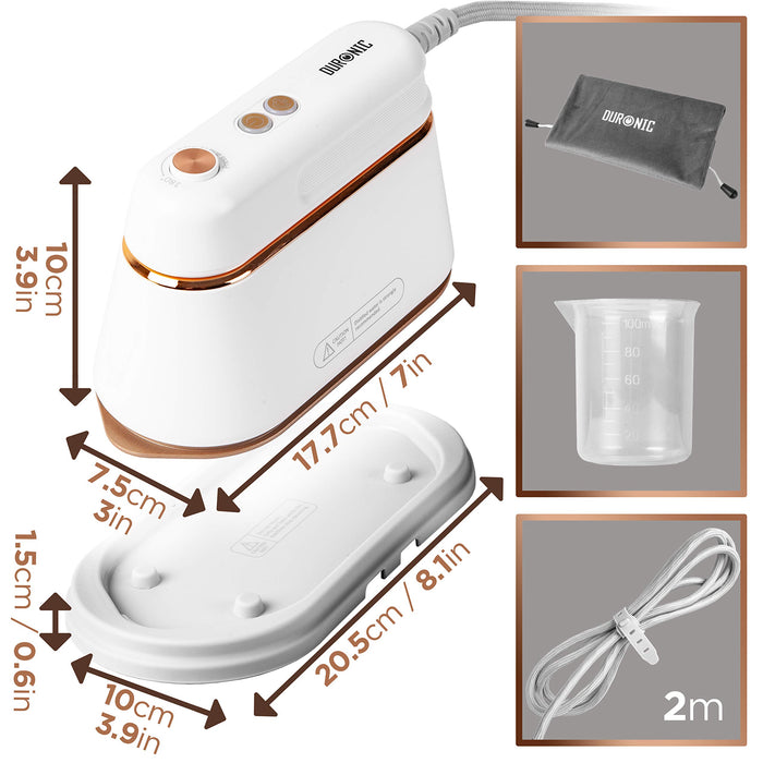 Duronic Steam Irons dimensions and accessories: storage bag, measuring cup, and 2m power cord.