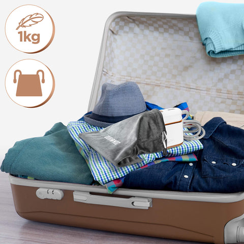 Duronic Steam Irons in a grey storage bag packed inside a suitcase with clothes.