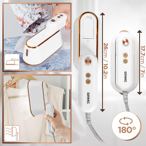 Duronic Steam Irons showing 180-degree rotating handle for vertical and horizontal steaming.