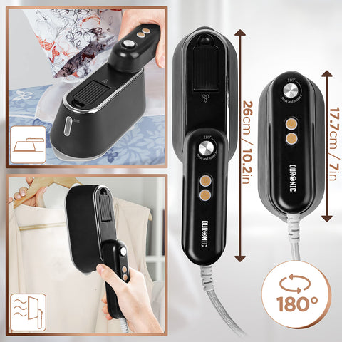 Duronic Steam Irons with 180-degree rotating handle, compact travel design, and dual-function capabilities.