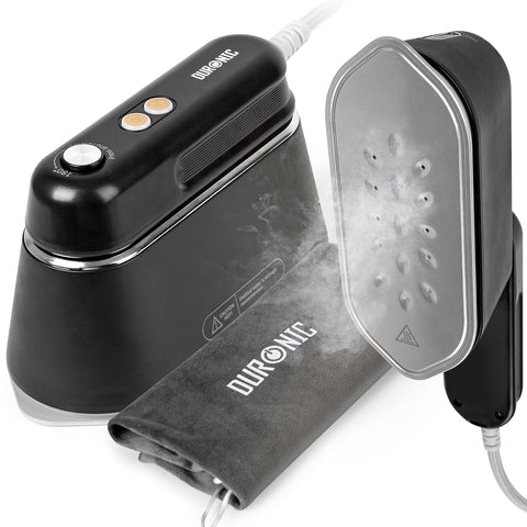 Duronic Steam Irons with 180-degree rotating handle, steam vents, and pouch.