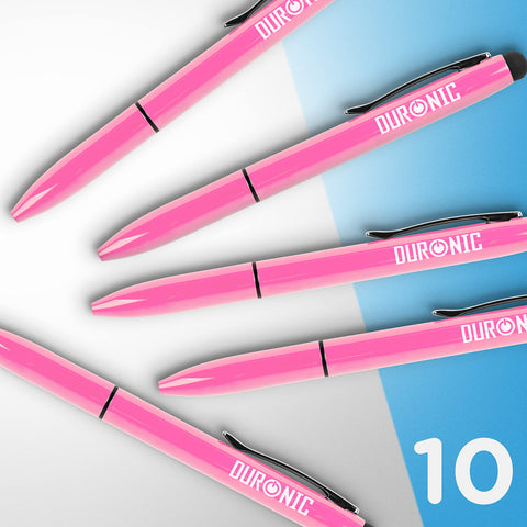 Duronic Stylus Pens arranged diagonally on a blue and white background.