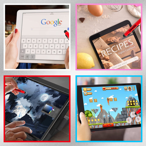 Duronic Stylus Pens being used for typing, digital art, and gaming.