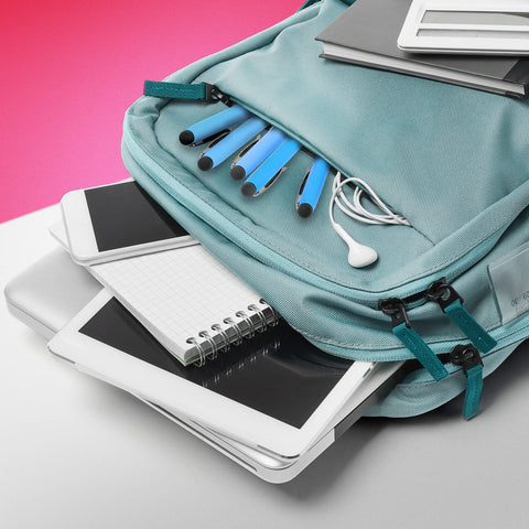 Duronic Stylus Pens in a backpack filled with a laptop, tablet, notebook