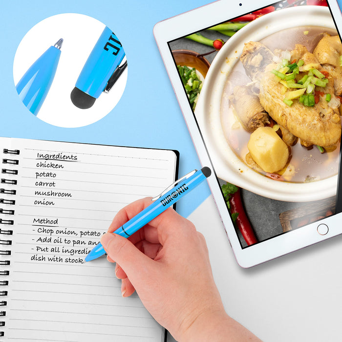 Duronic Stylus Pens used to write a recipe in a notebook next to a tablet displaying a chicken stew.